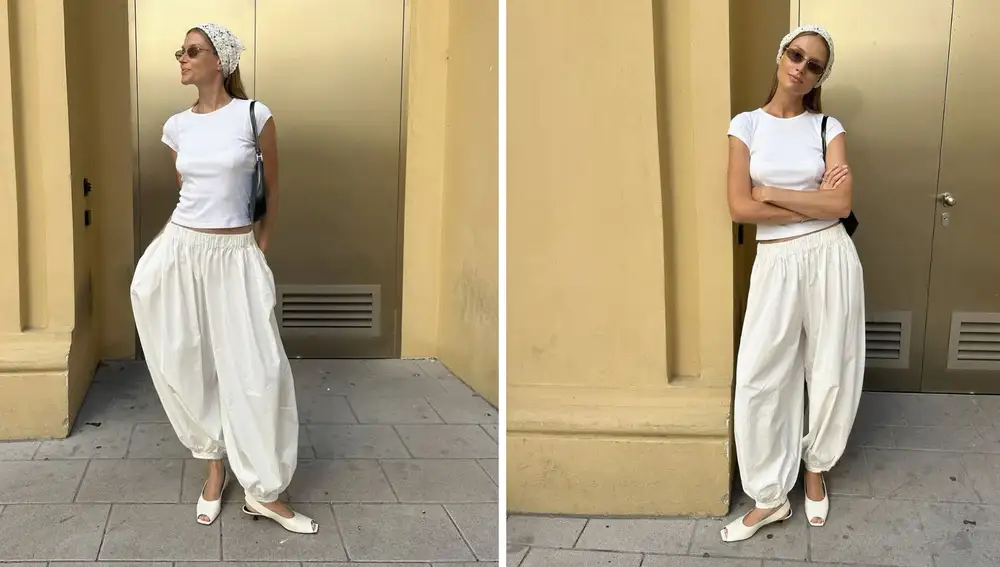 Pantalón bombacho blanco con pañuelo en la cabeza y zapatos peep-toe.