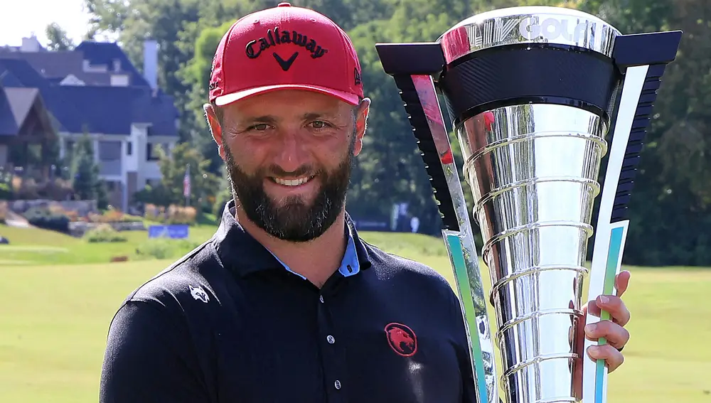 Jon Rahm of Legion XIII poses with the LIV golf season individual trophy on day three of LIV Golf Indianapolis at The Club at Chatham Hills on August 17, 2025 in Westfield, Indiana.