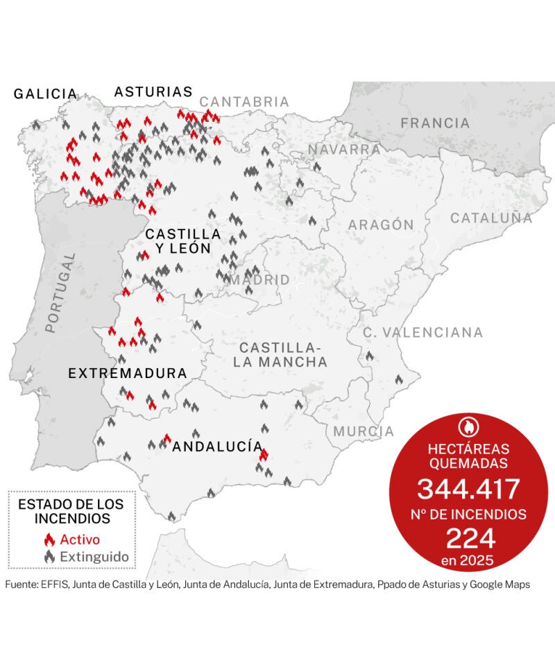Mapa de los incendios hoy