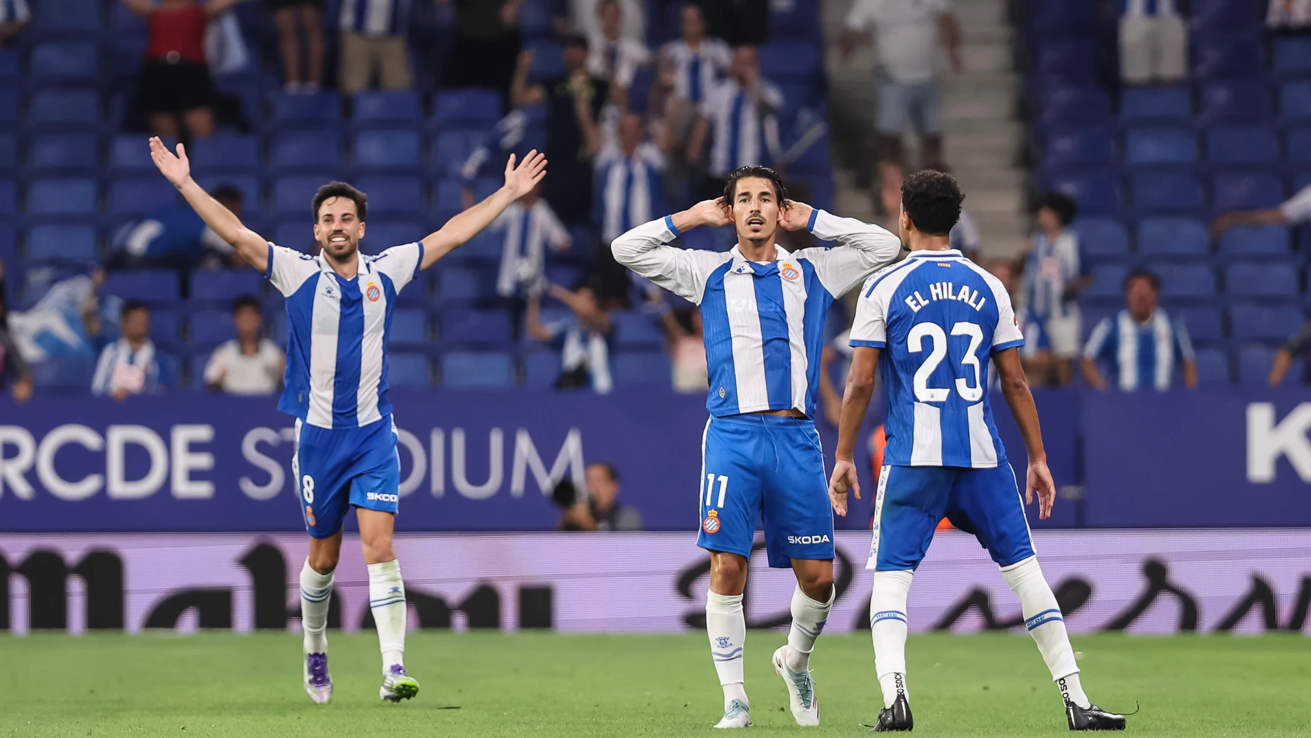 Pere Milla of RCD Espanyol celebrates a goal during the Spanish league, La Liga EA Sports, football match played between RCD Espanyol and Atletico de Madrid at RCDE Stadium on August 17, 2025 in Cornella, Barcelona, Spain. AFP7 17/08/2025 ONLY FOR USE IN SPAIN