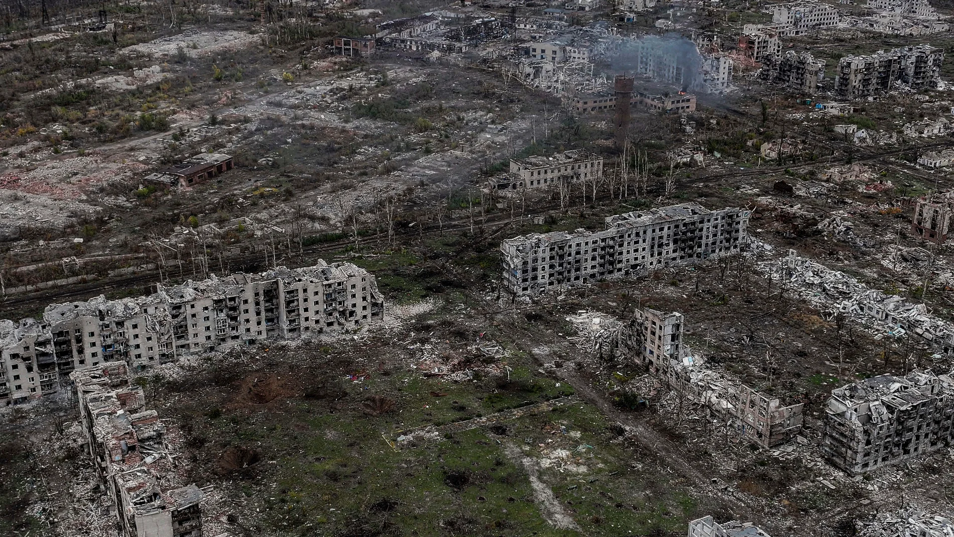 FILE - An aerial view of Chasiv Yar shows the frontline city in ruins after heavy fighting between Russian and Ukrainian forces for over a year, Donetsk Region, Ukraine, Nov. 11, 2024. (AP Photo/File)