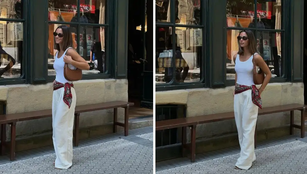 Total look blanco con pañuelo anudado en la cintura y bolso marrón de piel.