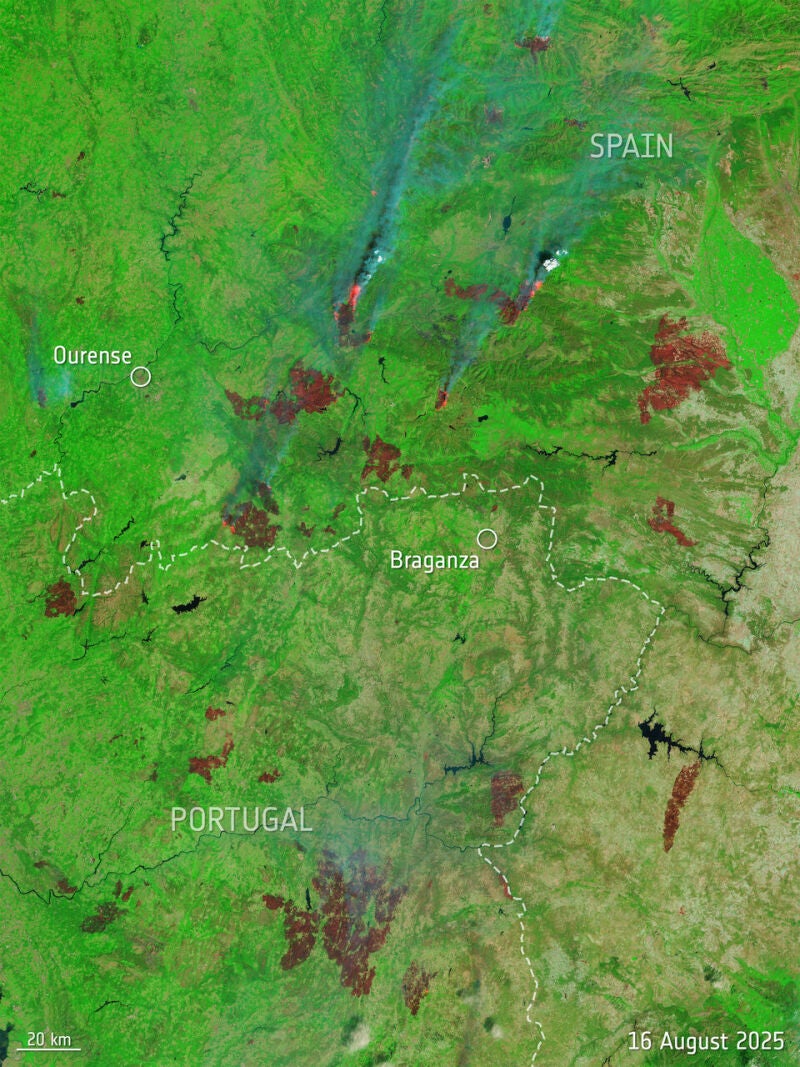 Incendios en el noreste de Portugal y España el 16 de agosto