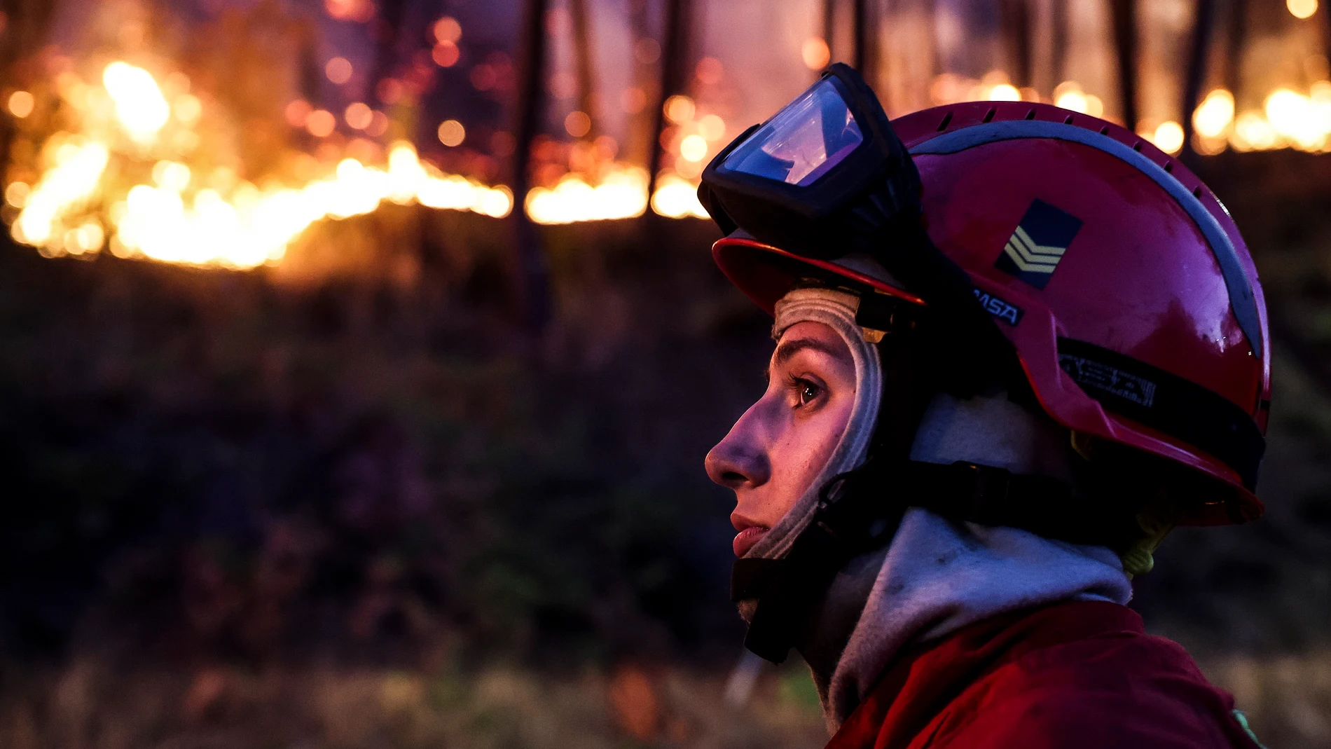 FOTODELDÍA EPA8702. PAMPILHOSA DA SERRA (PORTUGAL), 19/08/2025.-Una bombero reacciona durante un incendio forestal este martes, en Pampilhosa da Serra (Portugal). Portugal activó el Mecanismo Europeo de Protección Civil, que envió dos aviones Fire Boss para ayudar a combatir los incendios. Según datos oficiales preliminares, a fecha de 19 de agosto de 2025, más de 201 000 hectáreas habían ardido en Portugal, superando el total quemado en todo 2024. (incendio forestal) EFE/EPA/PAULO NOVAIS