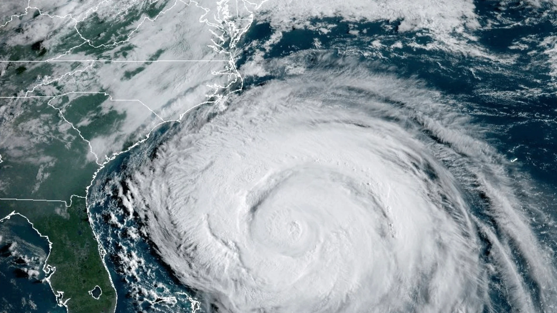 This image provided by the National Oceanic and Atmospheric Administration (NOAA) shows Hurricane Erin on Wednesday, Aug. 20, 2025. (NOAA via AP)