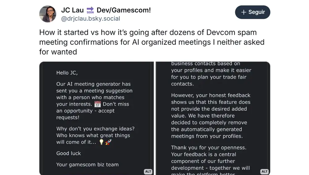 Usuario de Bluesky se queja de las reuniones automáticas en la Gamescom
