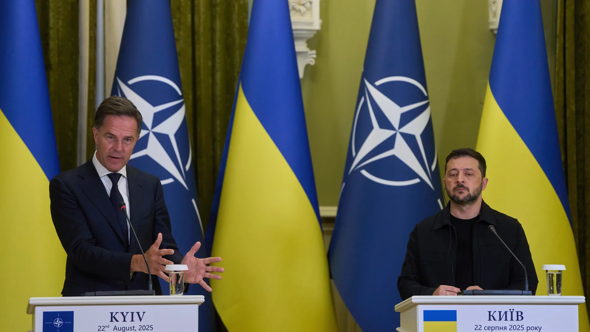 NATO Secretary General Mark Rutte, left, speaks during his briefing with Ukrainian President Volodymyr Zelenskyy in Kyiv, Ukraine, Friday, Aug. 22, 2025. (AP Photo/Efrem Lukatsky)