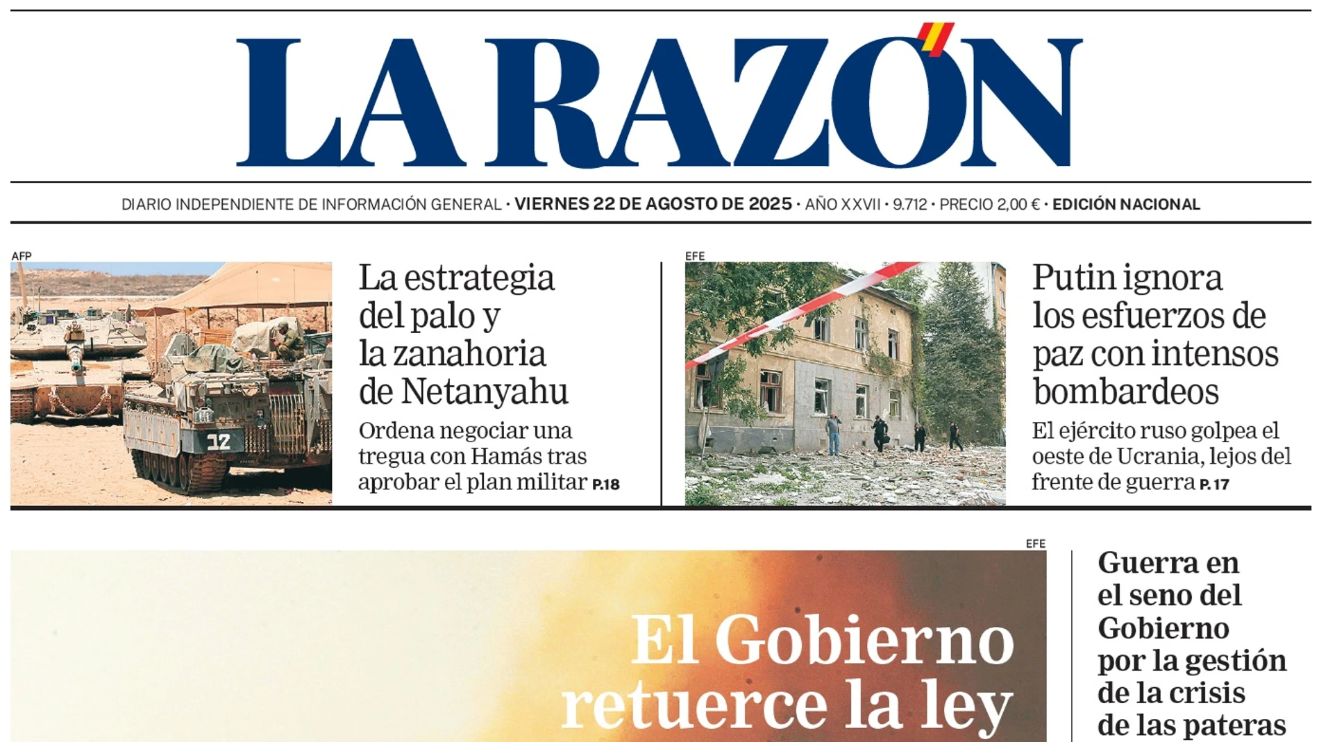 Portada de La Razón del viernes 22 de agosto de 2025