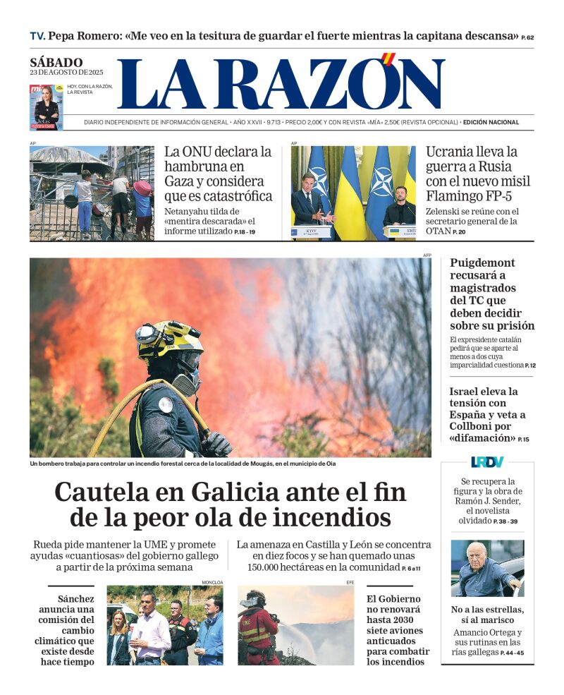 Portada de La Razón del sábado 23 de agosto de 2025