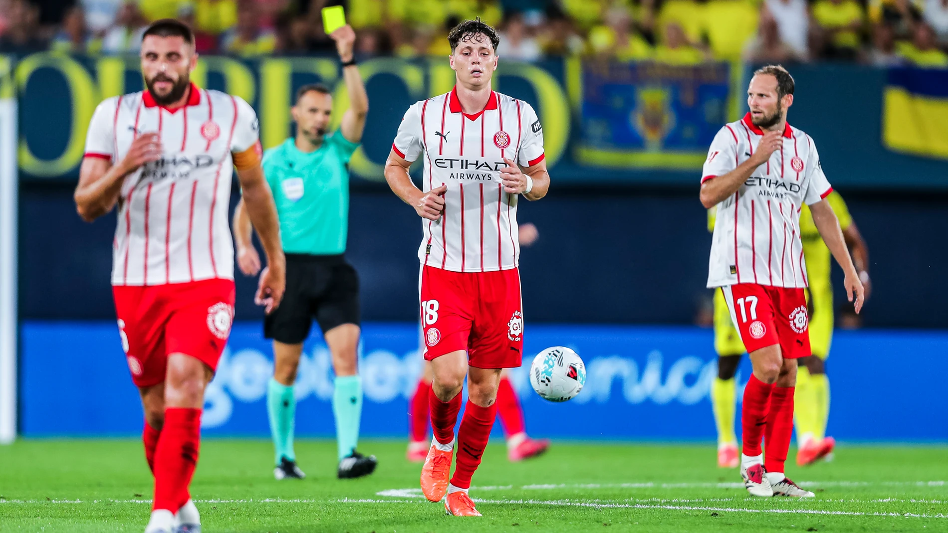 Ladislav Krejci of Girona FC see the yellow card during the Spanish league, LaLiga EA Sports, football match played between Villarreal CF and Girona FC at La Ceramica stadium on August 24, 2025, in Villarreal, Spain. AFP7 24/08/2025 ONLY FOR USE IN SPAIN