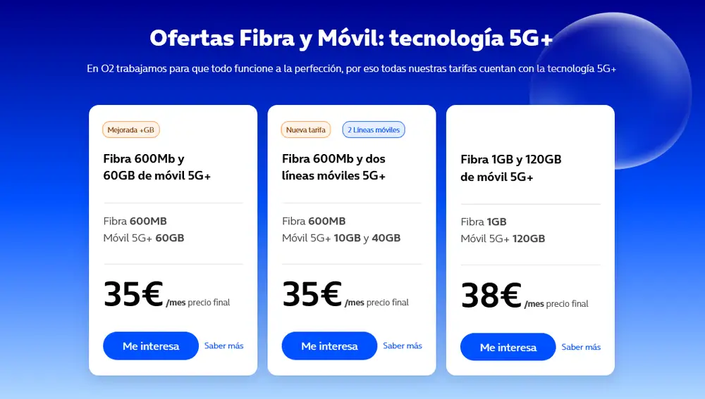 Las actuales tarifas de fibra y móvil de O2