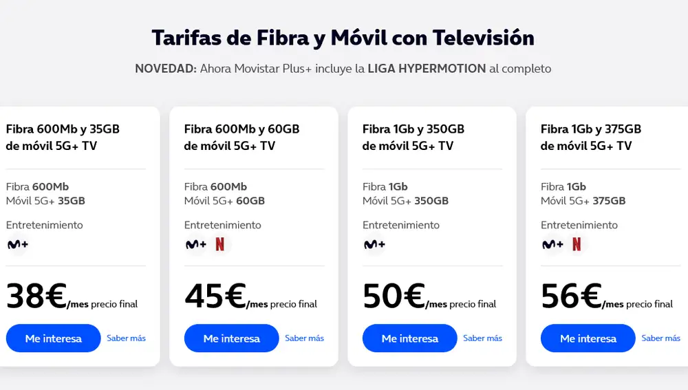 Tarifas de fibra y móvil con televisión