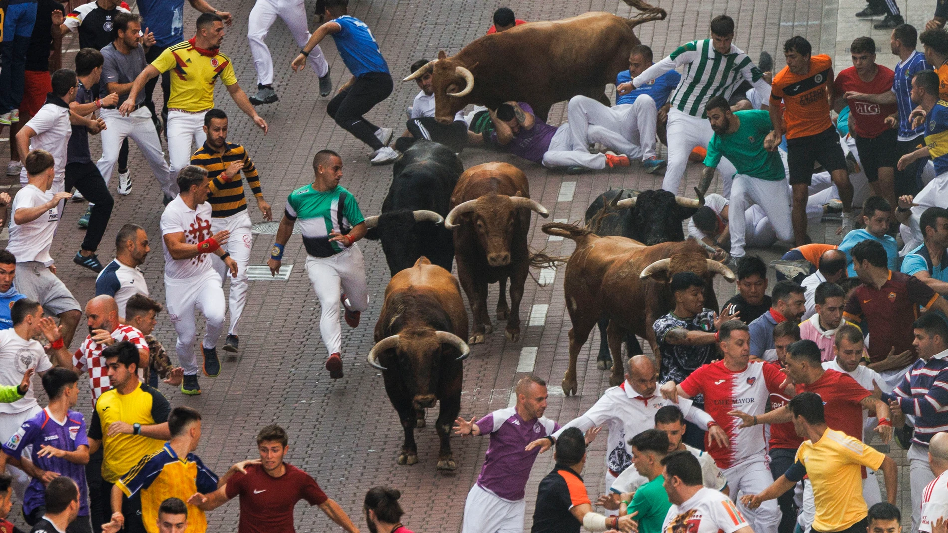 SAN SEBASTIÁN DE LOS REYES (MADRID), 27/08/2025.- Los mozos corren durante el cuarto encierro de las fiestas de San Sebastián de los Reyes celebrado este miércoles con novillos de la ganadería Casasola. EFE/Sergio Pérez