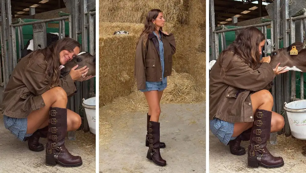 María Pombo con las botas biker marrones Trouble de Jeffrey Campbell