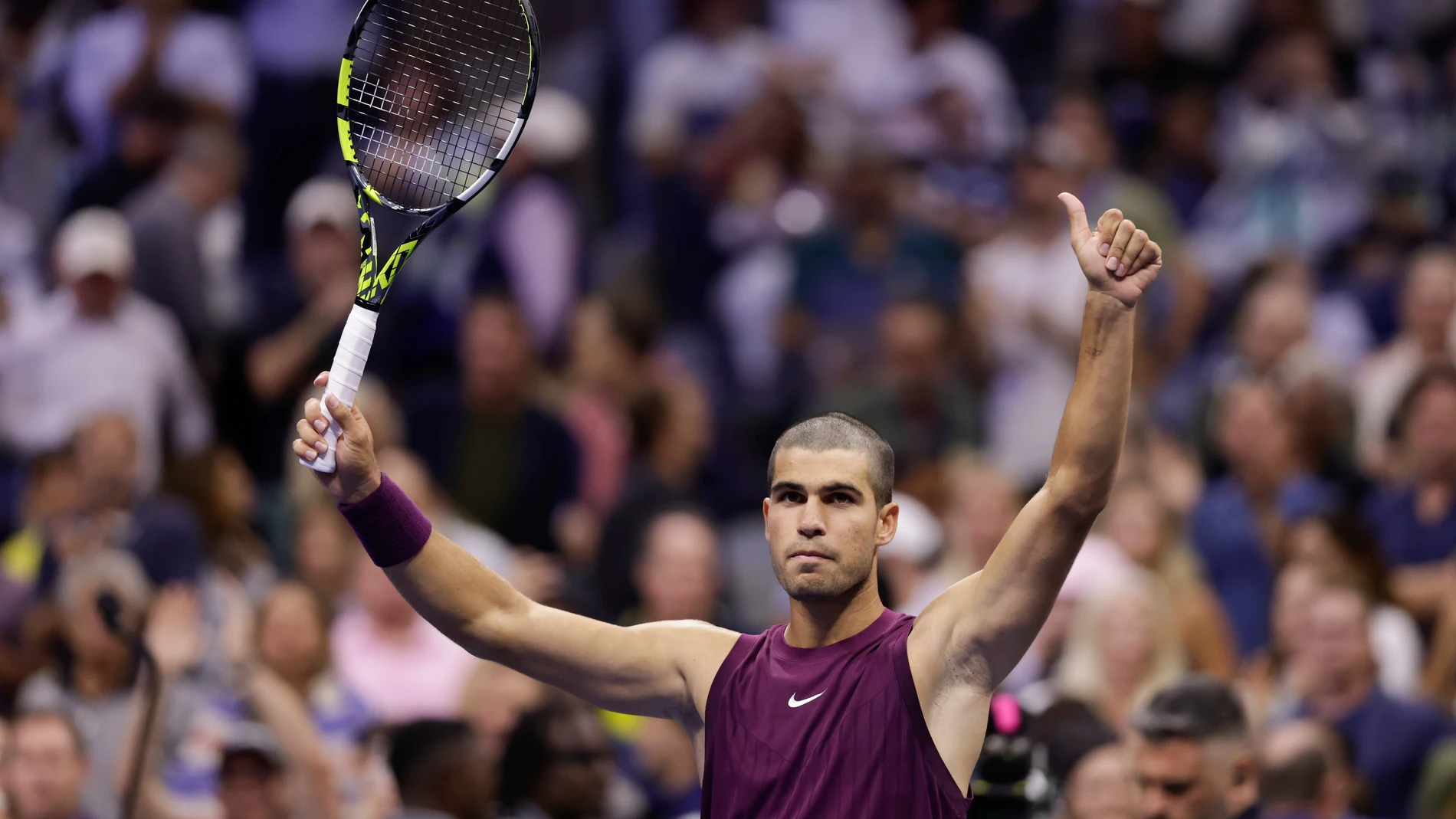 Carlos Alcaraz, of Spain reacts after defeating Mattia Bellucci, of Italy, during the second round of the U.S. Open tennis championships, Wednesday, Aug. 27, 2025, in New York. (AP Photo/Adam Hunger)